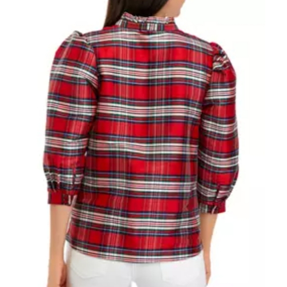 Crown & Ivy Red Plaid Puff Sleeves Split Neck Top Size Medium - Picture 2 of 13